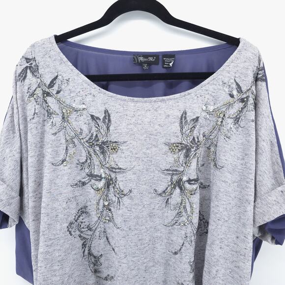 Miss Me Medium Boho Beaded Floral Periwinkle Romantic Top Chiffon Gathered Back - Picture 2 of 11